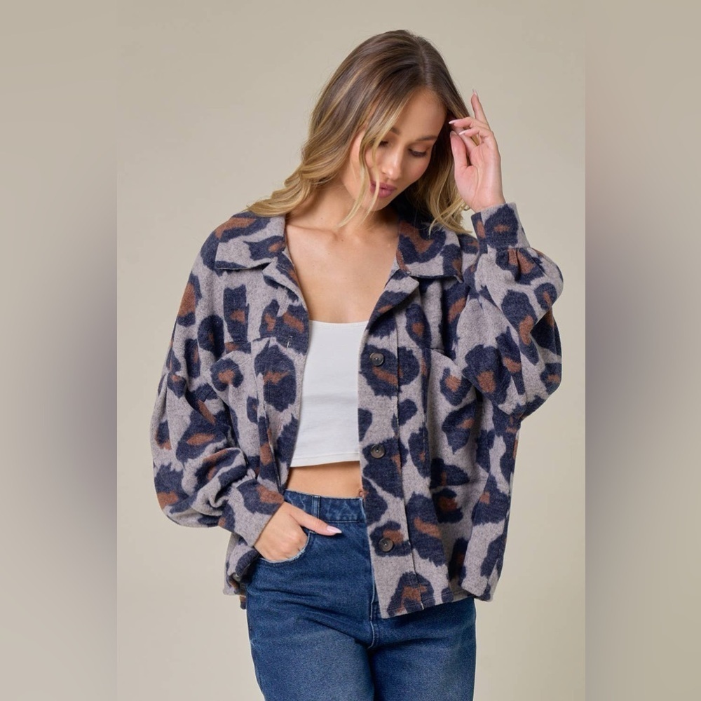 Saints & Hearts Gray and Brown Leopard Patterned Oversized Boxy Sweater Cardigan - Picture 3 of 14